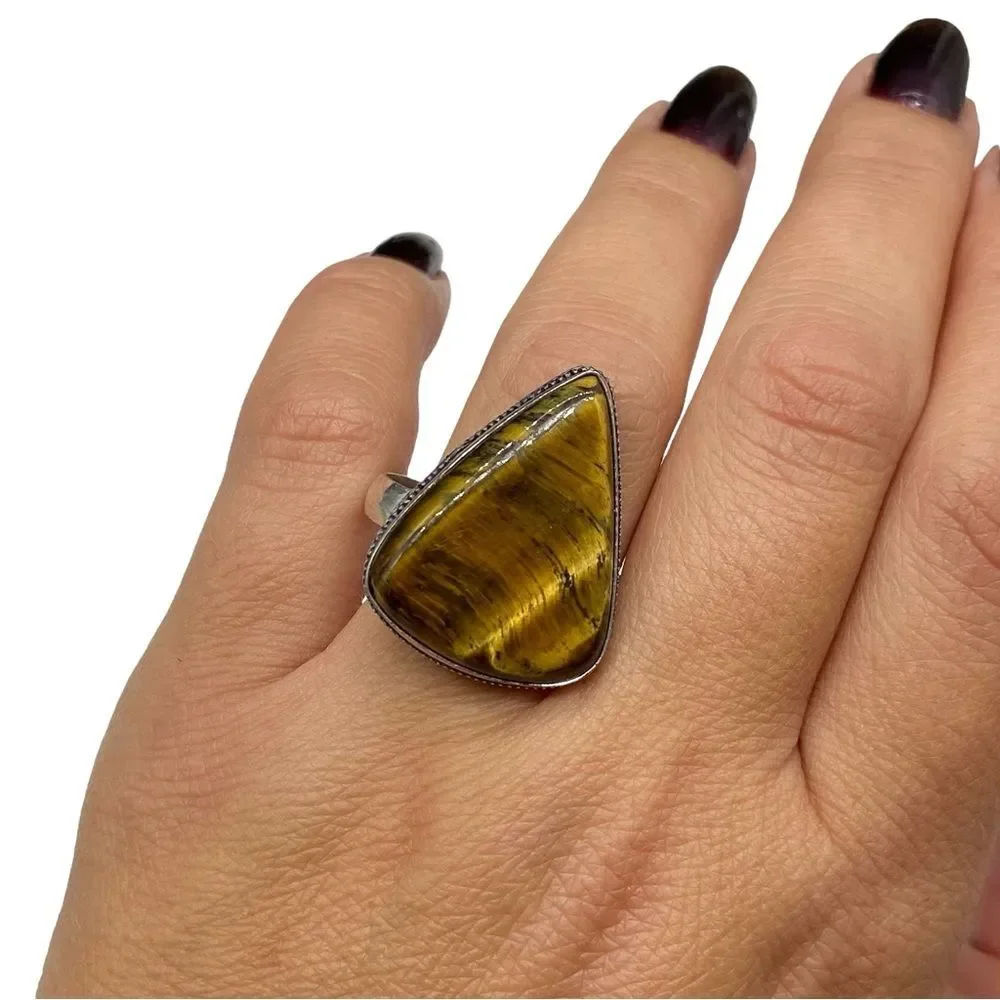 Tiger’s Eye Ring Size 11.5 925 Sterling Silver Overlay Brown Stone